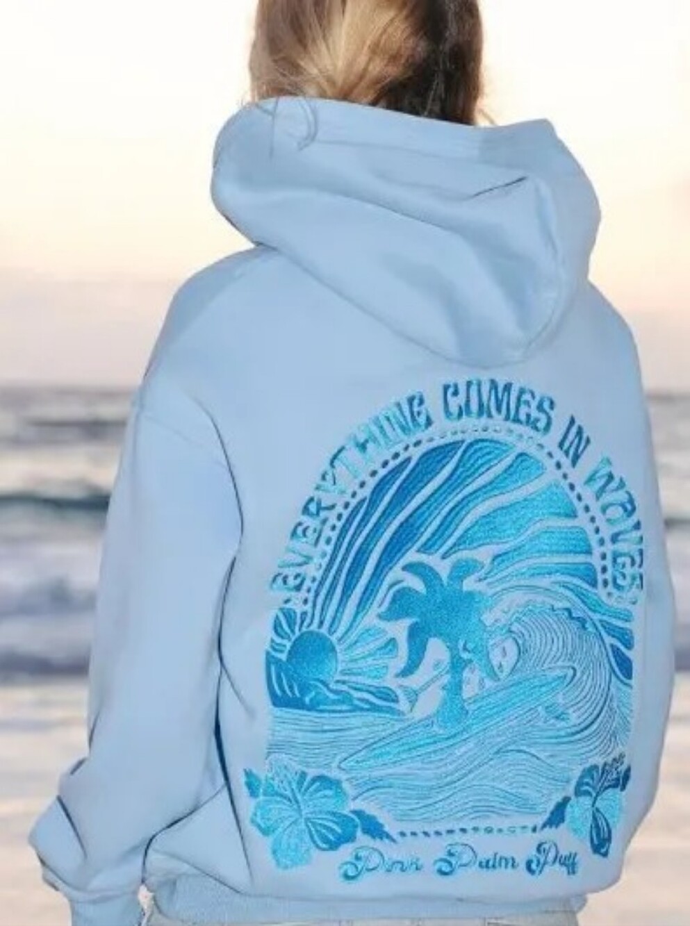 Pink Palm Puff Everything Comes in Waves Hoodie in Blue